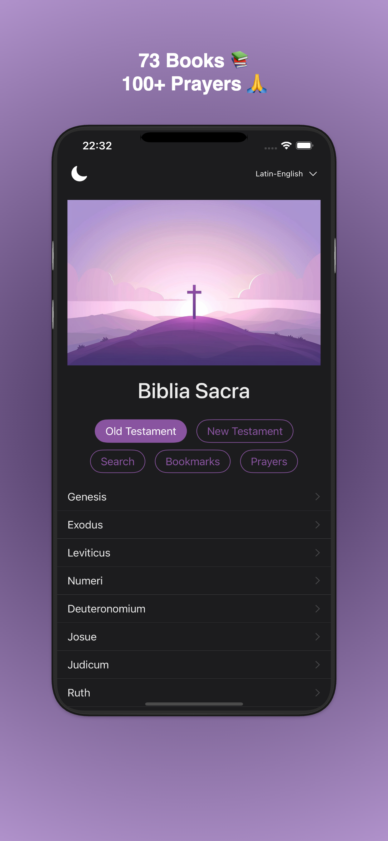 Verbum Dei home screen with 73 Books and 100+ Prayers