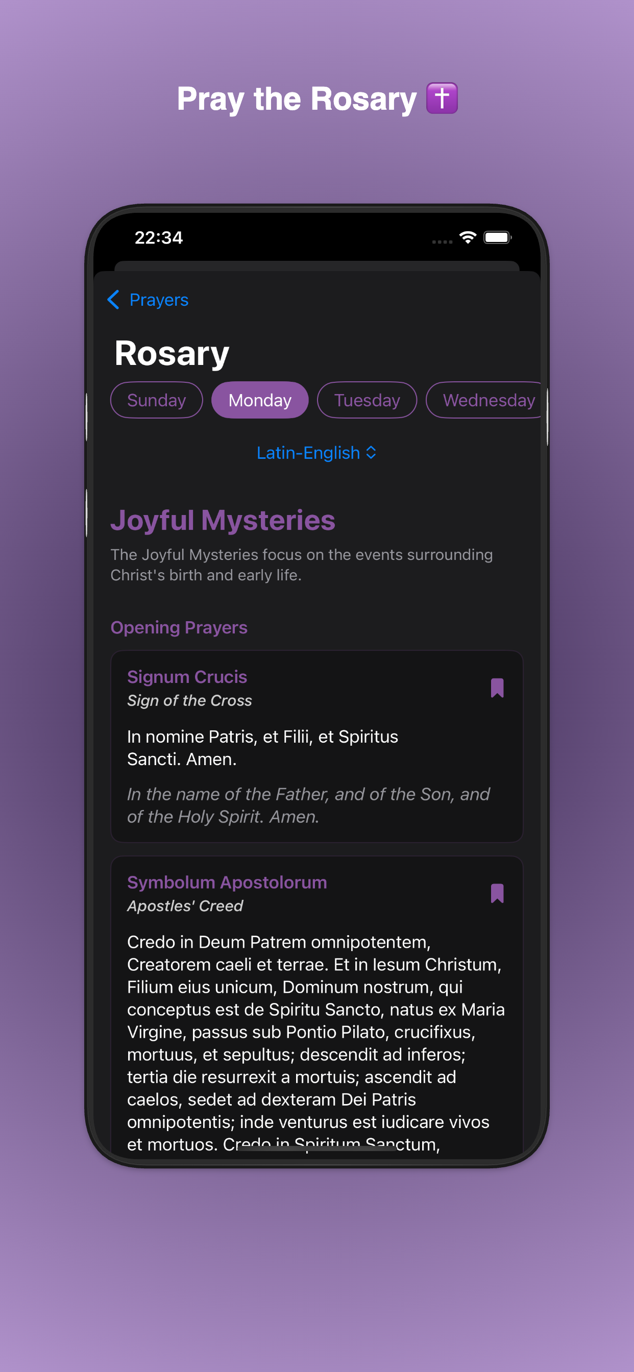 Traditional Catholic rosary prayer interface with Latin and English prayers including Ave Maria and Pater Noster
